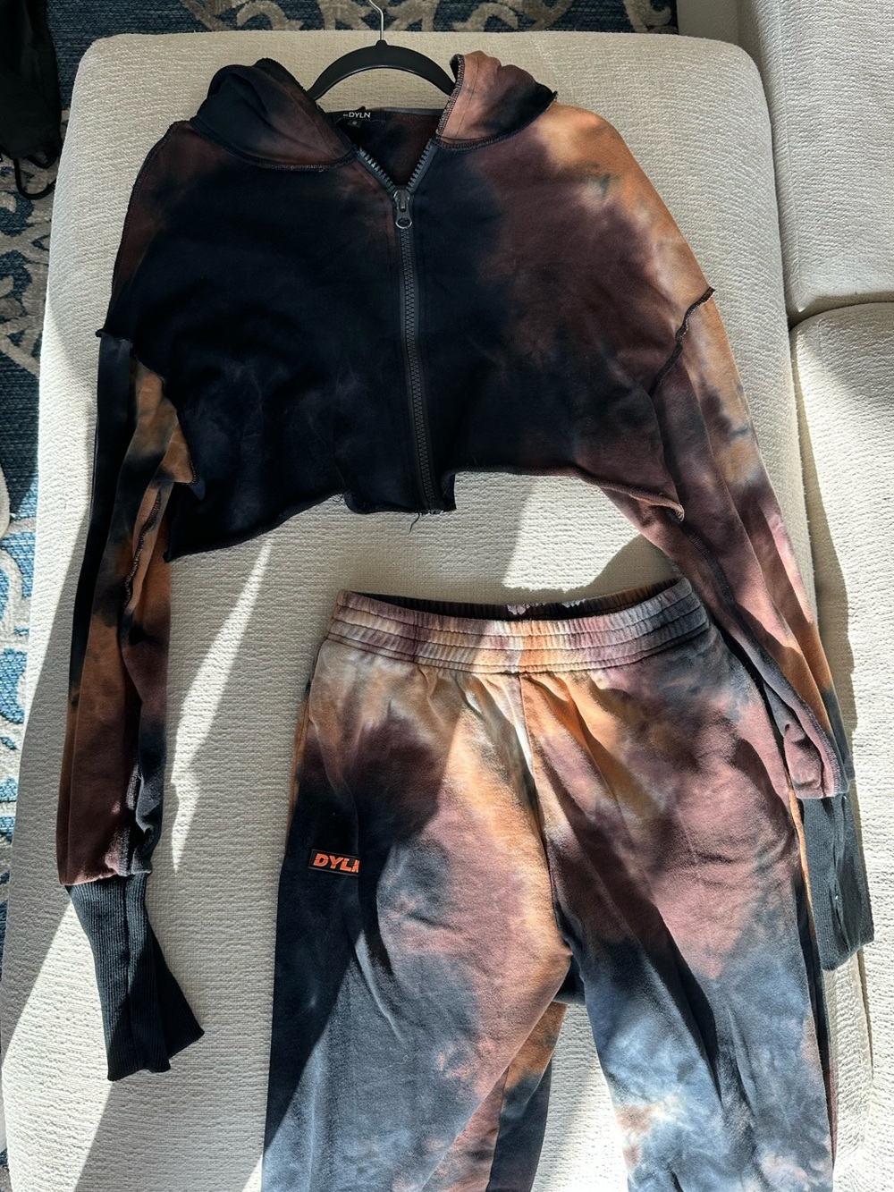 DYLN Tie-Dye Cropped Hoodie & Jogger Set - Black and Brown